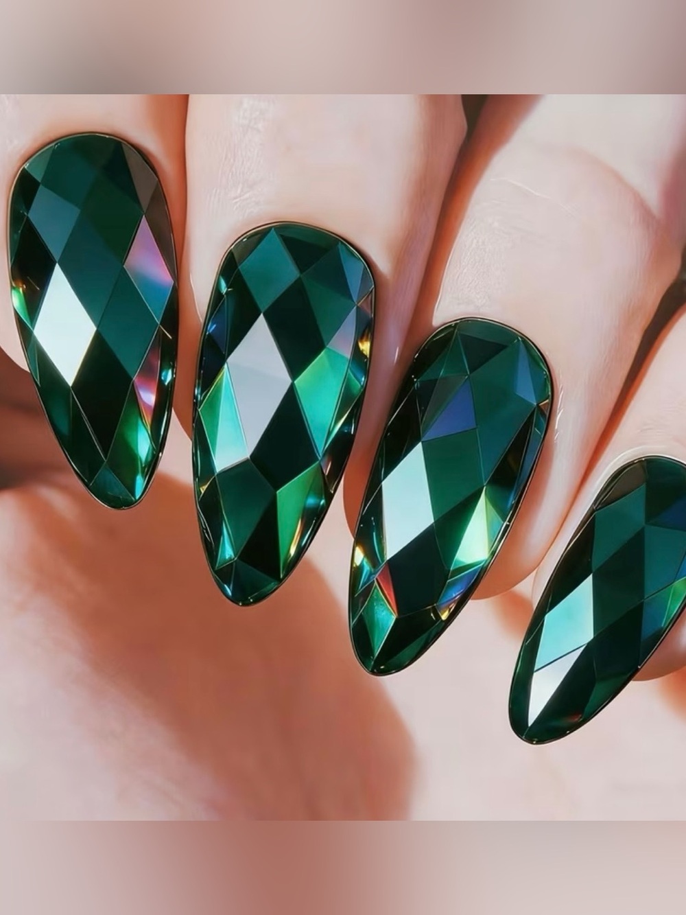 24 3D Chrome Emerald Green Purple Iridescent  Long Length Almond Press on Nails